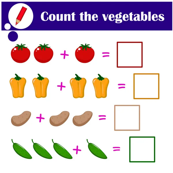 Образовательная математическая игра. Логическая задача для детей. Считай овощи. — стоковый вектор