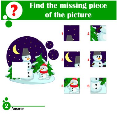 Çocuklar için bulmaca oyunu. Eğitim ödevi. Kış teması. Etkinlik sayfası. Çizgi film karakteri. Kış ormanında tatlı kardan adamlar. Çocuklar için çizgi film vektör grafikleri