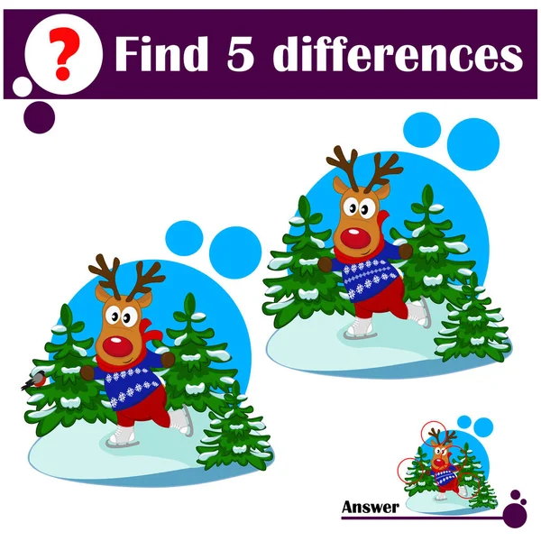 Çocuklar için eğitici bir oyun. 5 farklılık bul. Güzel geyik buz pateni pistinde kayıyor.
