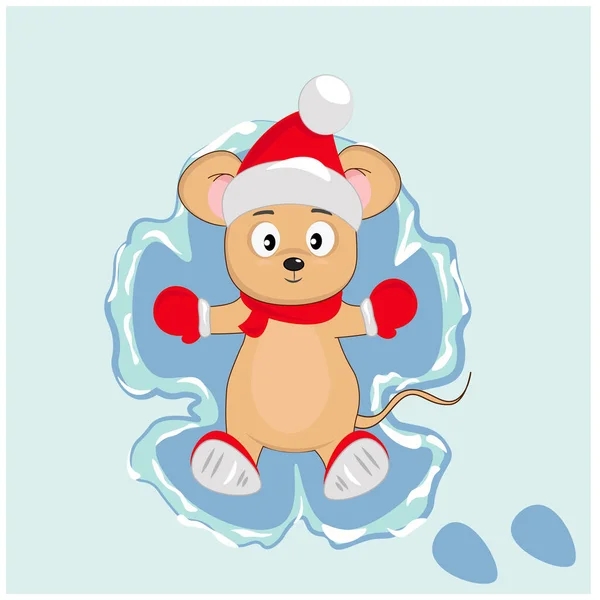 Roztomilá Myš Santa Claus Klobouku Sněhu Dělá Sněžného Anděla Kreslená — Stockový vektor
