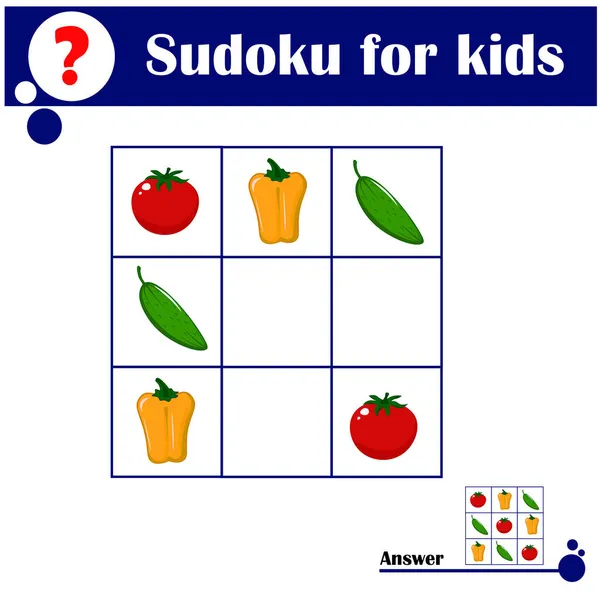 Çocuklar için sebzelerle sudoku oyunu, kolay seviye, çocuklar için eğitim oyunu, okul öncesi çalışma tablosu aktivitesi, mantıksal düşüncenin geliştirilmesi görevi, vektör
