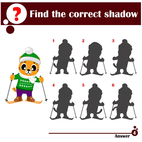Anaokulu çocukları için eğitici bir oyun. Uygun bir gölge bul. Kayak üzerinde şirin bir kaplan. Çocuklar için çizgi film vektör çizimi