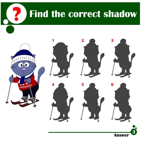 Anaokulu çocukları için eğitici bir oyun. Uygun bir gölge bul. Kayak yaparken sevimli bir kedi. Çocuklar için çizgi film vektör çizimi