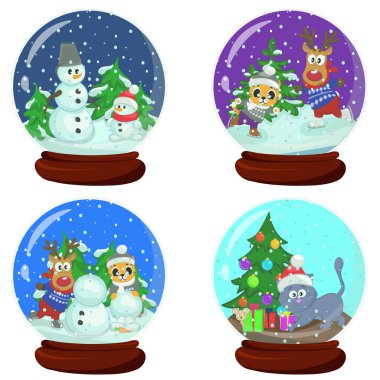 İçinde kardan adam, hayvan, kedi ve fare, tig ve geyik olan bir dizi güzel kar topu. Kış Noel illüstrasyonu. Çocuklar için çizgi film vektör grafikleri