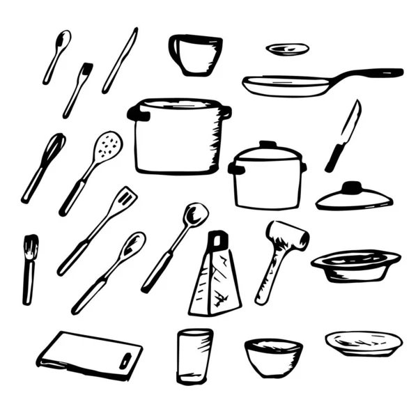 Set Garabatos Utensilios Cocina Platos Bocetos Ilustración Vectorial — Archivo Imágenes Vectoriales