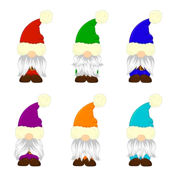 Sada Roztomilých Pestrobarevných Vánočních Skřítků Různými Vousy Kníry Zimní Kreslený — Stockový vektor