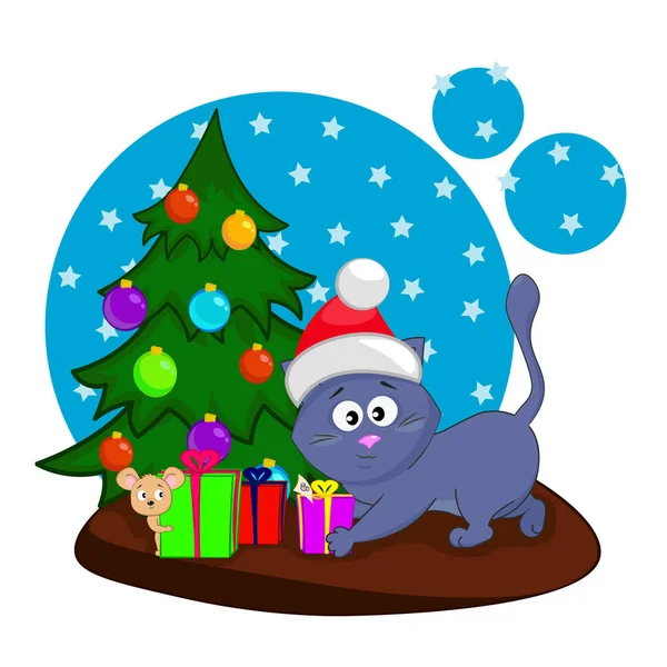 Roztomilý Kočka Připravuje Vánoční Dárky Pro Myš Kreslená Ilustrace Pro — Stock fotografie
