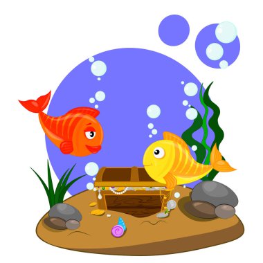 Deniz tabanında tatlı balıklar. Balık çocuk kızı hazinelerle şaşırtmak için sandığın kapağını açıyor. Çocuklar için çizgi film illüstrasyonu