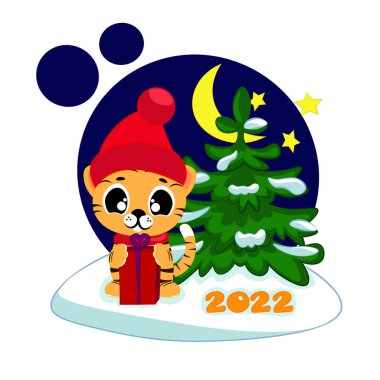 Kaplan yavrusu hediye şapkası ve Noel ağacı takıyor. Beyaz arkaplanda izole edilmiş şirin karikatür çizimi