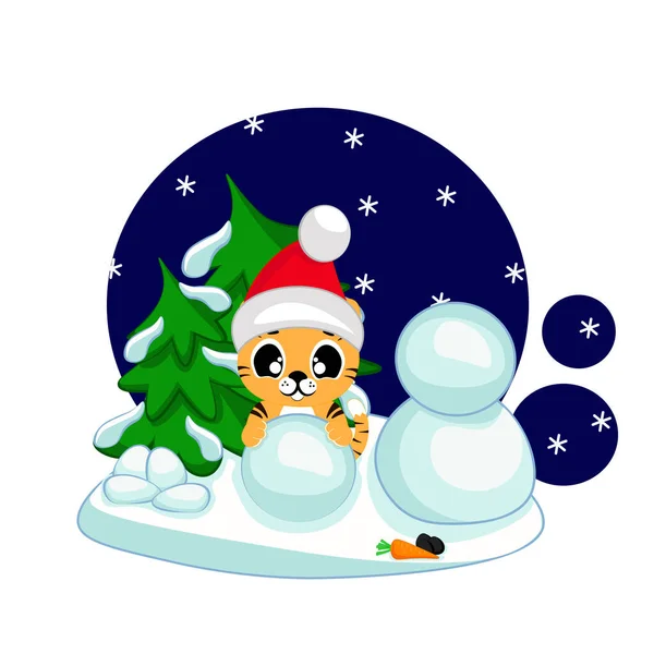 Şirin bir kaplan yavrusu bir kış akşamında kardan adam heykeli yapıyor. Çocuklar için çizgi film illüstrasyonu