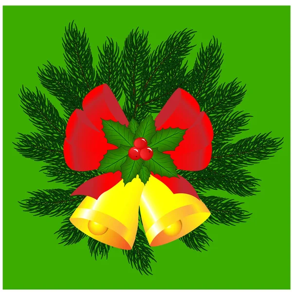 Cloches d'or de Noël vectorielles avec arc rouge, houx, sapin — Image vectorielle