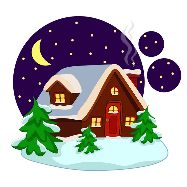 Kışın ahşap evi olan bir manzaranın vektör görüntüsü