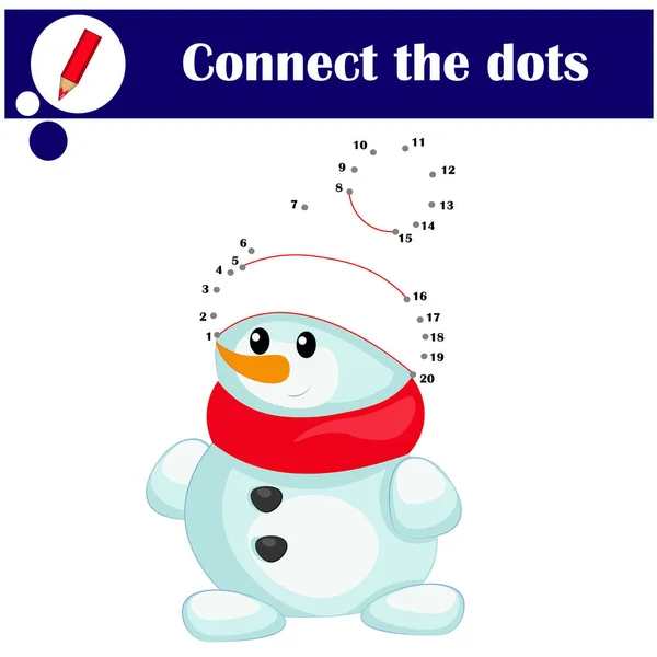 Bonito boneco de neve. Colorir e ponto a ponto jogo educativo para crianças — Vetor de Stock