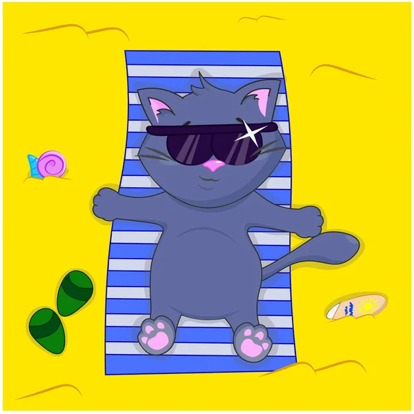 Hezká Kočka Leží Písku Opaluje Kreslený Vektorový Ilustrace Pro Děti — Stockový vektor