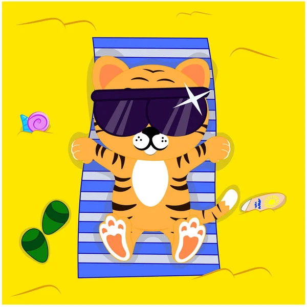 Roztomilý tygr leží na písku a opaluje — Stockový vektor