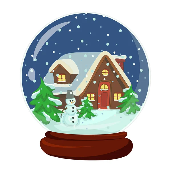 Bola de nieve con el paisaje de la casa y muñeco de nieve aislado sobre fondo azul — Vector de stock