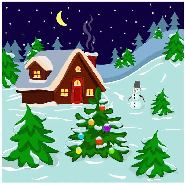 Imagem vetorial de uma paisagem noturna de inverno com uma casa de madeira, boneco de neve e abeto — Vetor de Stock