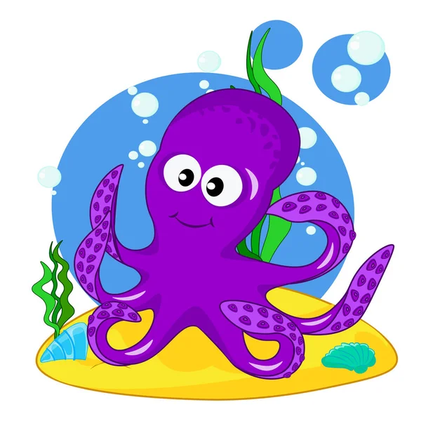 Deniz tabanında şirin mor ahtapot. Çocuklar için çizgi film vektör çizimi