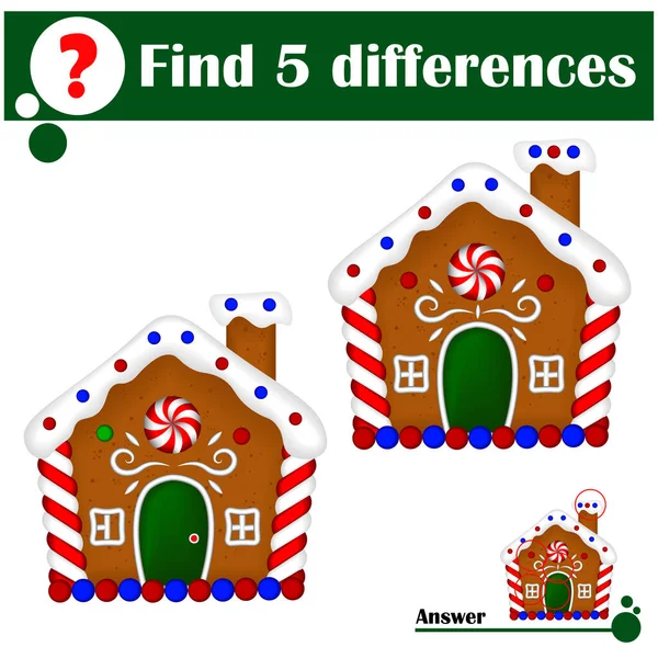 Çocuklar için eğitici bir oyun. Beş farklılık bul. Parlak Noel Zencefilli Ekmek Evi Çocuklar İçin Çizgi Film Vektör İllüstrasyonu