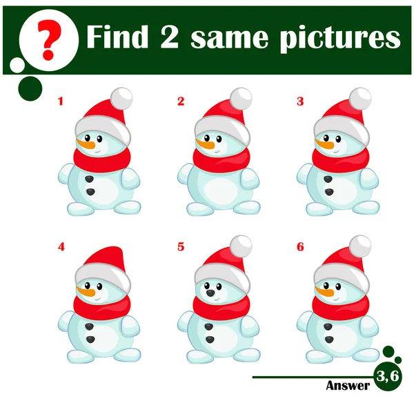 子供教育ゲーム かわいい雪だるまの同じ写真を2枚見つけてください 子供のためのアクティビティ楽しいページ — ストックベクタ