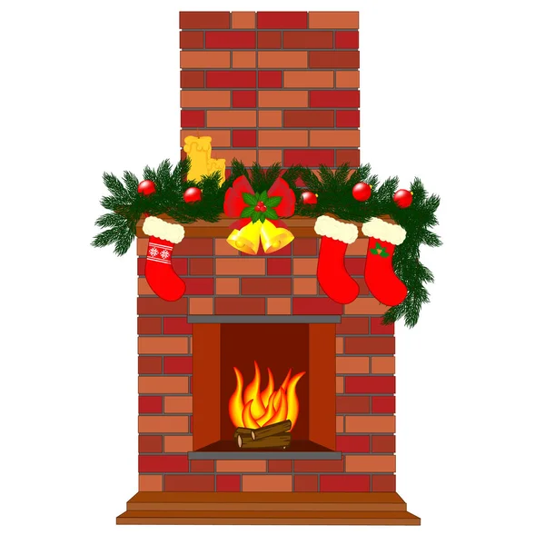 Cartoon Fireplace Christmas Decorations Socks Vector Illustration Kids — Διανυσματικό Αρχείο