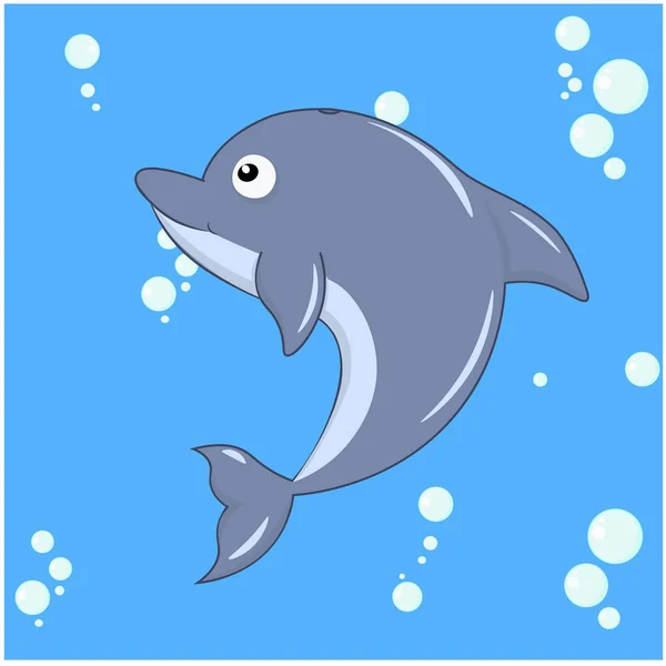 Cute Little Dolphin Swims Underwater Cartoon Vector Illustration Children — Vector de stock