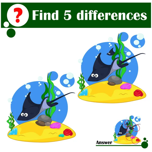 Eğitim oyunu: Farklılıkları bulun. Şirin vatozlar deniz tabanında yüzer