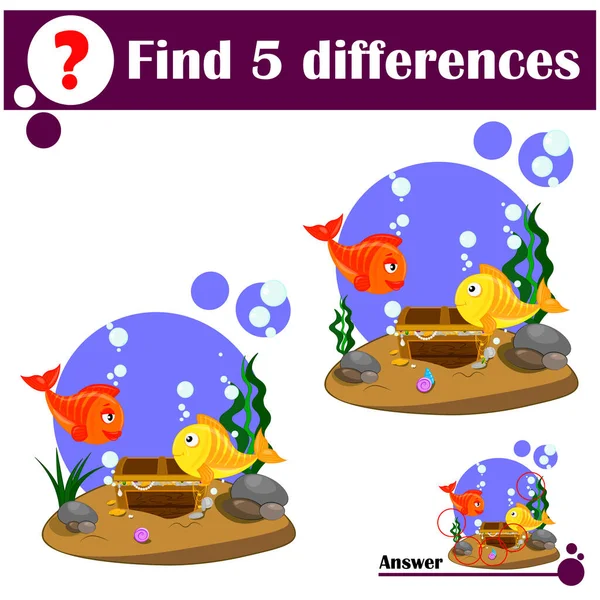 Eğitim oyunu: Farklılıkları bulun. Deniz tabanında hazine sandığı olan şirin bir balık.