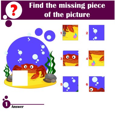 Kayıp parçayı bul. Çocuklar için bulmaca oyunu. Komik yengeç.