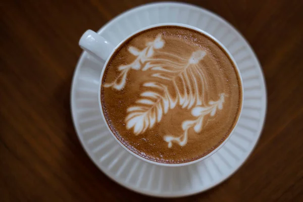 Vista Superior Café Quente Latte Copo Branco Mesa Madeira Começando — Fotografia de Stock