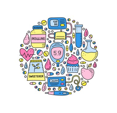 İnsülin kalem, pompa, tonometre, kan damlası, glukometre, matara, tatlandırıcı, kalp, daire şeklinde hazırlanmış test tüpü gibi renkli diyabet ürünleri. Posterler, kartlar, yüzücüler için kullanılabilir..