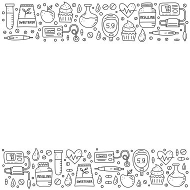 İçinde insülin kalem, pompa, tonometre, kan damlası, glukometre, kek, matara, tatlandırıcı, kalp ve beyaz arka planda izole edilmiş test tüpü bulunan diyabet ürünleri bulunan bir poster..