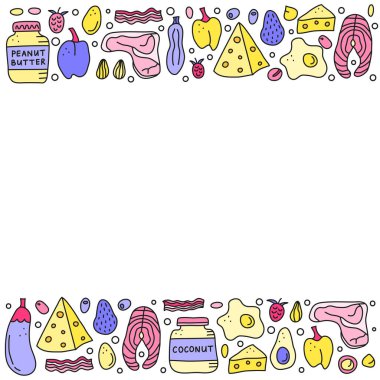 Peynir, et, somon, avokado, yumurta, tereyağı, pastırma, macadamia, ahududu gibi ketogenik diyet için karalama renkli gıdalar içeren bir poster. Düşük karbonhidrat, yüksek yağ diyeti. Metin için boşluk.