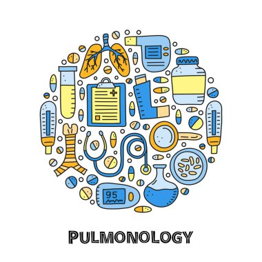Akciğerler, trakeosmetre, spirometre, bakteri, nabız oksimetresi, akış ölçer, cep spreyi, daire şeklinde steteskop da dahil olmak üzere renkli pulmonoloji öğeleri.