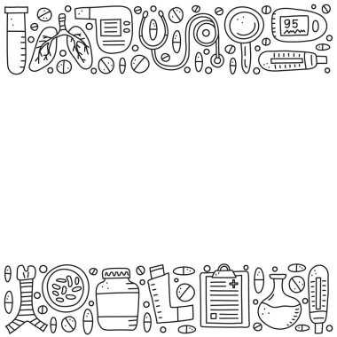 Ciğerler, nefes borusu, spirometre, loupe, bakteri, nabız oksimetresi, pens ölçer, cep spreyi, steteskop ve metin için boşluk dahil olmak üzere karalama ana hatlı pulmonoloji öğeleri içeren poster.