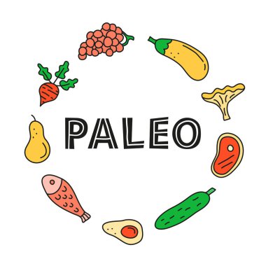 İçinde balık, armut, pancar, üzüm, patlıcan, chanterelle, et, salatalık, avokado ve beyaz arka planda izole edilmiş.