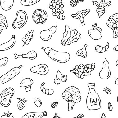 Balık, et, sebze, yumurta, yağ, fındık, böğürtlen dahil olmak üzere karalama paleo gıdaları ile siyah ve beyaz desenli. Paleolitik beslenme.