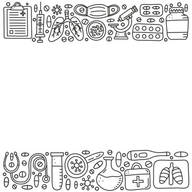 Ciğerleri x-ray, tıbbi maske, mikroskop, termometre, şırınga, loupe, bakteri, cep spreyi ve beyaz arka planda izole edilmiş boş alan gibi karalama ana hatlı tüberküloz öğeleri içeren posterler.