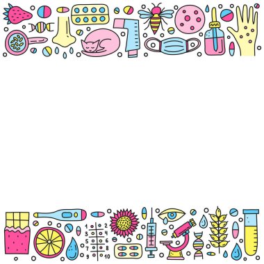 Beyaz arka planda cilt isiliği, akışkan göz, maske, kedi, bal arısı, mikroskop, dnk, pipet şişesi, şırınga, vb. Metin için boşluk.