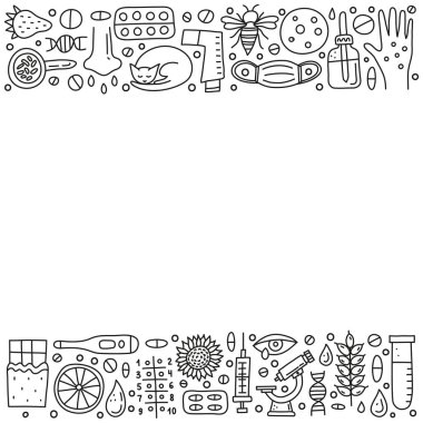 Beyaz arka planda izole edilmiş metinler için karalama ana hatlı alerji simgeleri, cilt isiliği, akışkan göz, maske, kedi, bal arısı, mikroskop, dnk, pipet şişesi, şırınga, termometre ve boşluk içeren poster.