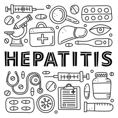 Karaciğer, mikroskop, şırınga, test tüpü, göz, ilk yardım kiti, stetoskop hoparlörü, beyaz arka planda izole edilmiş virüs içeren karalama anahatlı hepatit medikal ikonları içeren poster..
