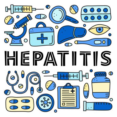 Karaciğer, mikroskop, şırınga, test tüpü, göz, ilk yardım kiti, stetoskop hoparlörü, beyaz arka planda izole edilmiş virüs içeren karalama renkli hepatit medikal simgeleri olan poster..