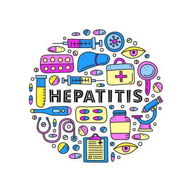 Karaciğer, mikroskop, şırınga, test tüpü, göz, ilk yardım kiti, stetoskop hoparlörü, dairesel şekilde oluşturulmuş virüs de dahil olmak üzere karaciğer renkli hepatit ikonları.