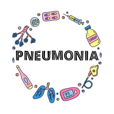 Alveoller, akciğerler, öksürük şurubu, yoğun bakım vantilatörü, nabız oksimetresi, termometre, virüs, daire şeklindeki haplar da dahil olmak üzere kara desenli pnömoni simgeleri.