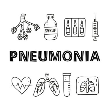 Harf ve karalama pnömoni ikonları içeren poster alveol, ciğerler, x-ray, öksürük şurubu, kalp, aşı ampulleri, test tüpü, beyaz arka planda izole edilmiş şırınga.