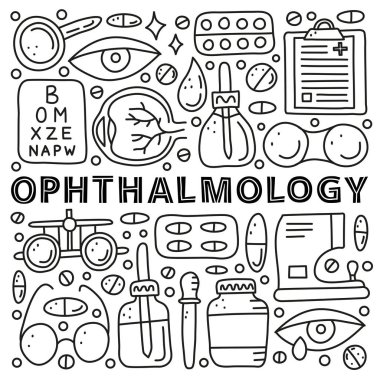 Yazılı ve karalamalı oftalmoloji simgeleri içeren afiş, pörtlek göz, pipo şişesi, kornea, boş pano, lens kutusu, gözlük, otomatik fraktometre, vs. beyaz arka planda izole edilmiş..