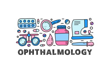 Tıbbi göz gözlükleri, haplar, su toplaması, loupe, damla, şişe, pipet, beyaz arka planda izole edilmiş oto kırılma ölçer içeren karalama renkli göz bilimi simgeleri ve grupları..