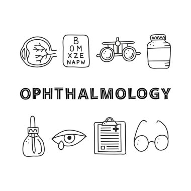 Harfli ve karalamalı oftalmoloji simgeleri içeren poster, sulu göz, pipo şişesi, kornea, boş pano, beyaz arka planda izole edilmiş gözlük..