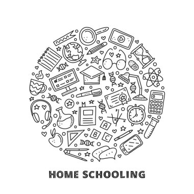 Doodle ana hatları eğitimi, bilgisayar, telefon, cetvel, dünya, bölücü, lamba, kulaklık, hesap makinesi, kum saati, kitap, vs. dahil olmak üzere e-öğrenme simgeleri daire şeklinde oluşturulmuş.