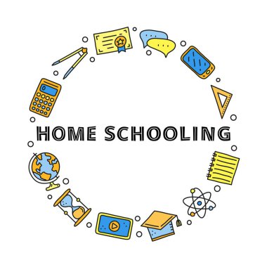 Doodle renkli eğitim, bilgisayar, telefon, cetvel, dünya, bölücü, lamba, kulaklık, hesap makinesi, kum saati, kitap ve daire şeklinde harfler içeren e-öğrenme simgeleri.